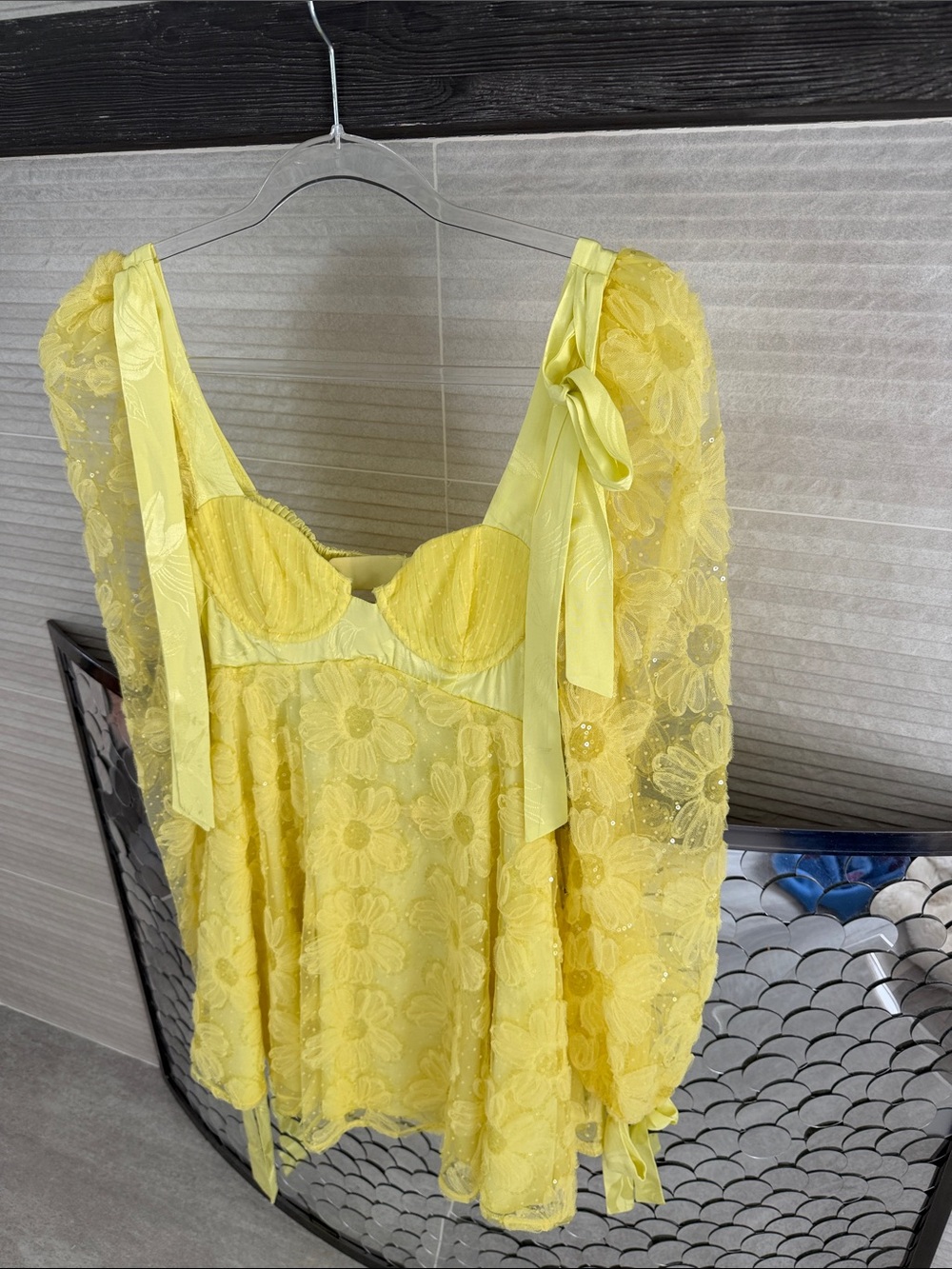 For Love & Lemons Yellow Floral Lace Puff Sleeve Mini Dress